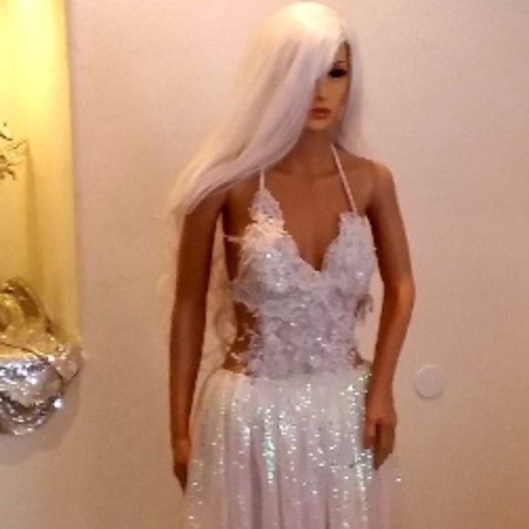 "MARIE" Custom White Sequin Backless Wedding Gown